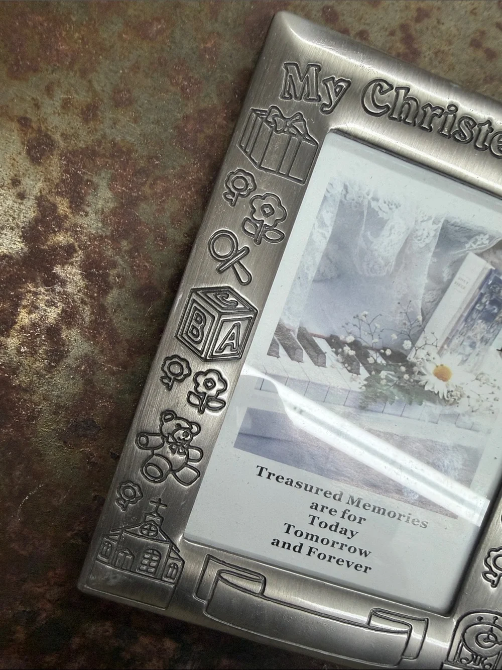 My Christening Day Silver Plate Photo Frame. Embossed Details & Customizable 4x6